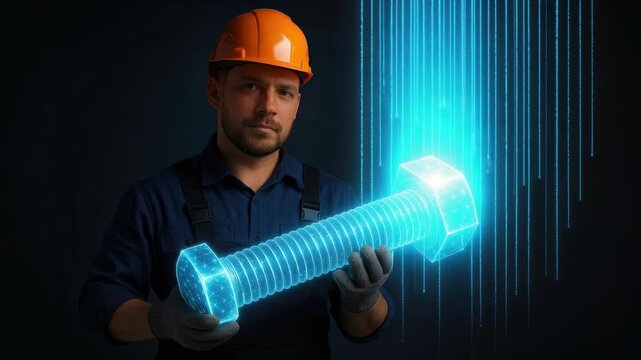 Construction worker in hard hat examines glowing holographic hex bolt, symbolizing digital engineering, augmented reality and industrial technology
