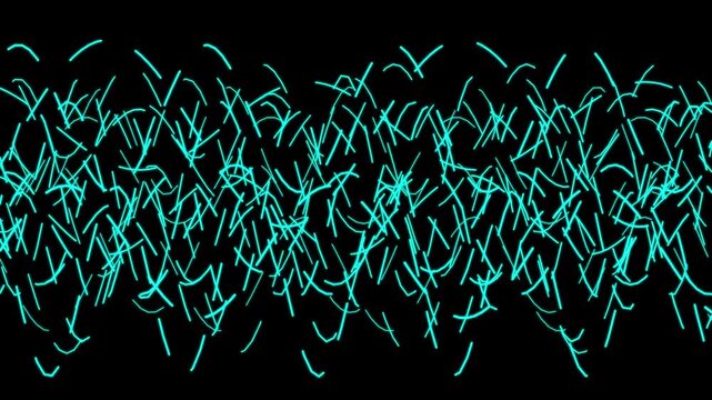 Abstract neon cyan scribble lines motion background, dynamic glowing particle flow animation 4k