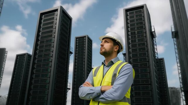 IT engineer in hard hat and high-visibility vest inspects towering server racks arranged like data center skyscrapers under a blue sky
