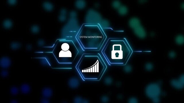 System Monitoring HUD Interface Concept Animation with Hexagon Icons User Profile Growth Graph and Padlock Symbol Representing Cyber Security Data Protection Network Management.
