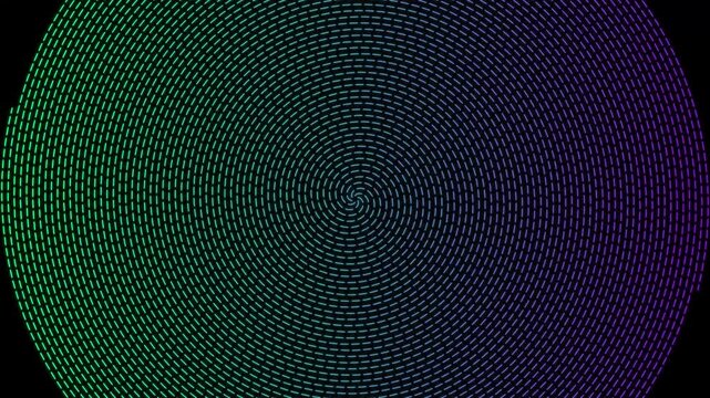 Abstract neon spiral motion animation 4k background, with pulsing circular, dashed lines in, gradient green and, purple colors