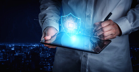 Fototapeta premium AI cybersecurity safeguards systems with encryption, access control, and AI secure data flow. Futuristic cyber security featuring AI digital shield, zero trust and AI threat detection system. Corpus
