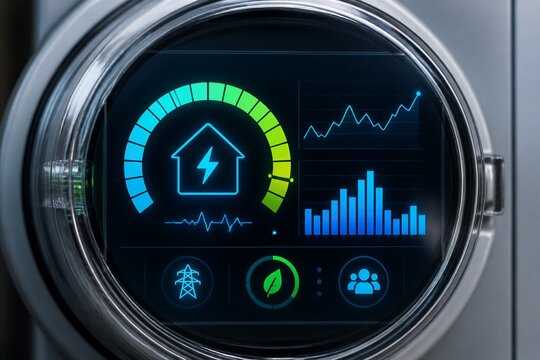 Smart meter displays energy usage and efficiency metrics. Circular gauge shows home power consumption with green-yellow gradient. Graphs and icons indicate consumption trends and sustainability