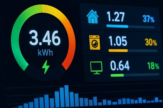 Digital display shows energy consumption per appliance. Electricity usage tracked in real time via vibrant interface. Household devices monitored with precise kilowatt-hour readings