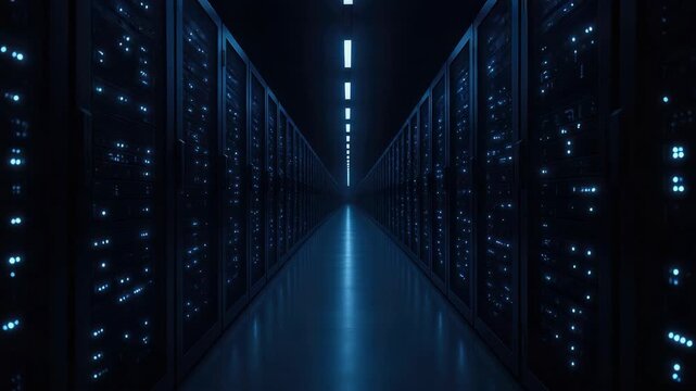 Long symmetrical data center aisle lined with illuminated server racks under cool blue lighting, conveying high-tech cloud and enterprise computing infrastructure