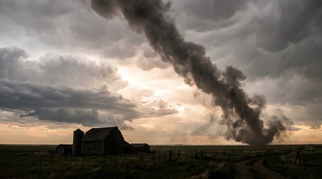 Massive Tornado Funnel Cloud Over Rural Farm and Prairie Grassland at Dramatic Sunset