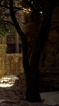 The scene shows ancient stone walls with carvings. A tree stands nearby casting shadows. The setting sun creates a warm light on the stone. This location is likely historical.