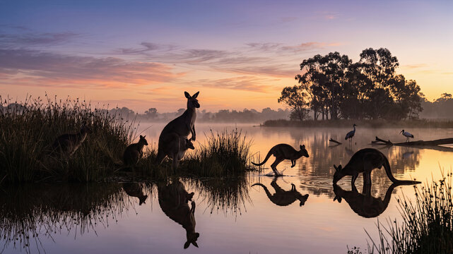 kangaroo, silhouette, joey, minimalist, illustration, gradient, sunset, orange, yellow, sky, rugged terrain, copy pouch, standing, wildlife, marsupial, mother, Australia, animal, wild, isolated, light