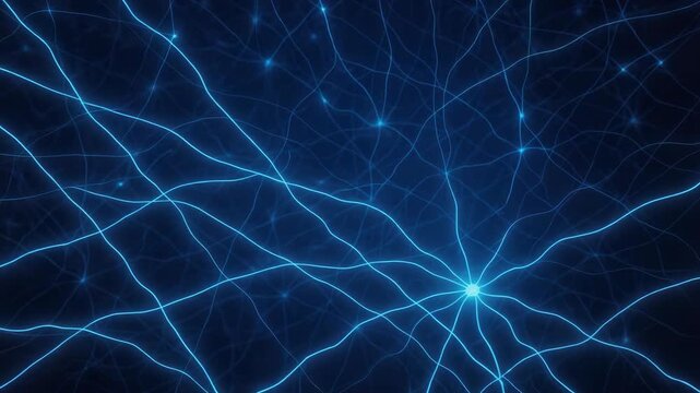 Blue glowing neural network web on a dark background, abstract technology visualization of interconnected synapses, data streams, and luminous circuitry
