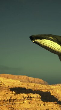A whale appears to swim in the air above a canyon landscape. The scene shows rocky cliffs and a clear sky. This takes place during the afternoon with bright sunlight.