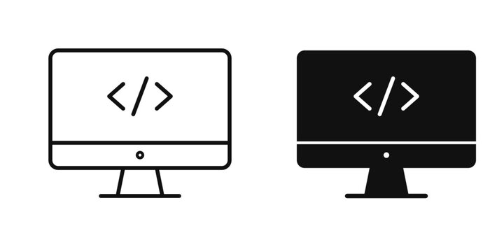 Desktop computer screen with programming code brackets tags icon for software engineering and web development vector set