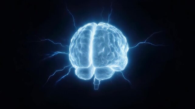 Glowing neon brain with electric arcs and blue lightning on a dark background, evoking neural activity and futuristic technology
