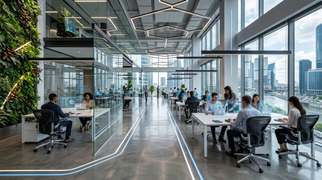 Modern open plan office interior with large windows and a vertical green living wall. Diverse team of corporate employees working at collaborative desks in a bright workspace.