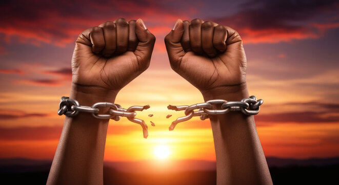 Broken chains on human hands raised up against a dramatic golden sunset background representing freedom and liberation from oppression