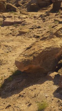 Rocks are scattered on dry ground in a desert. The sun is shining, and the area shows little greenery. The terrain is mostly sandy and rocky without much vegetation.