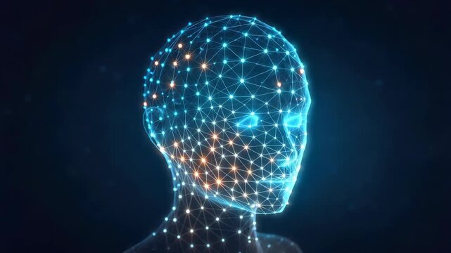 Glowing blue wireframe human head silhouette formed by connected nodes, representing a neural network, AI and digital brain technology concepts