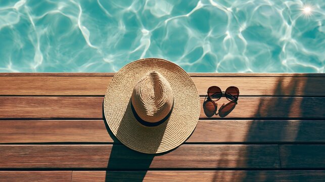 Overhead view of a straw hat and sunglasses on a wooden deck by a pool