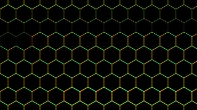 Neon hexagon grid pattern background: glowing geometric honeycomb motion for technology and science presentations animation 4k