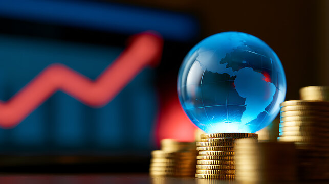 Global economic forecast with rising profits: illuminated crystal world globe on stack of gold coins and blurry red graph line