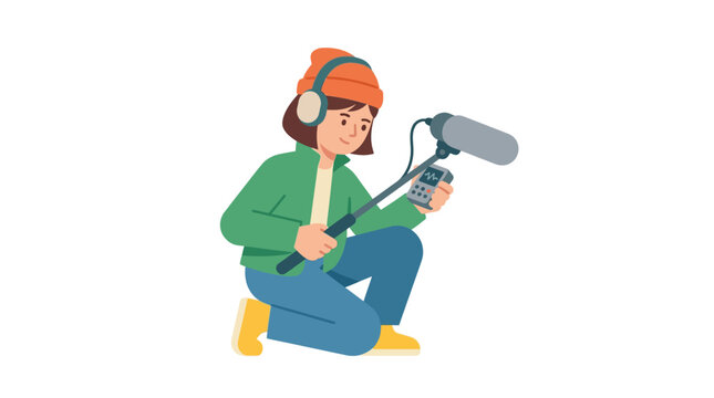 Sound Recordist Capturing Audio with Boom Mic and Recorder, Outdoors