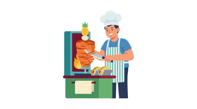 Chef preparing shawarma and tacos at a street food stand with vertical rotisserie grill