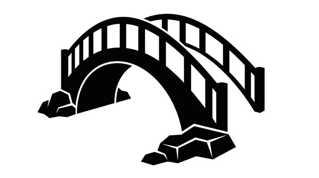 Stylized black silhouette of an arch bridge with rocks ideal for graphic design and illustrations in various contexts