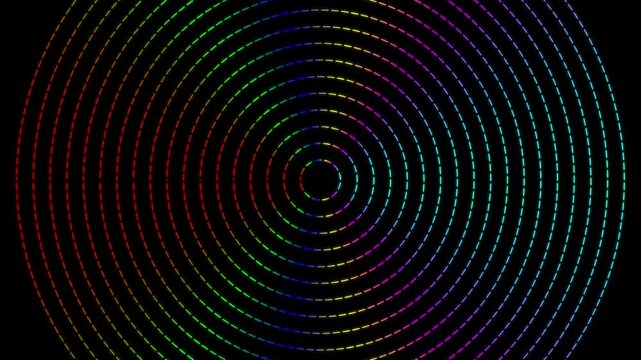 Rainbow dashed circles pulsing pattern abstract motion animation 4k background