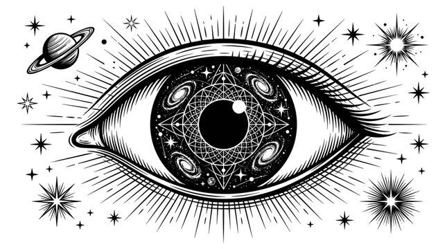 Intricate black and white eye design with cosmic elements and star patterns for artistic
