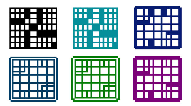 A row of five pixelated cross patterns in various colors
