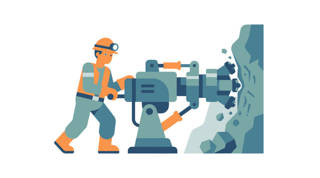 Miner operating heavy machinery for rock drilling in a mine, flat design illustration