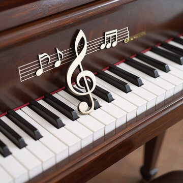 Cartoon Piano Quiet. Piano With Musical Notes And G Clef