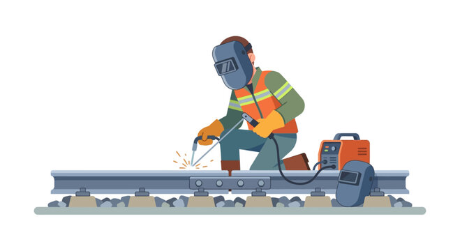Railroad welder working on tracks, sparks flying, safety gear, industrial construction.