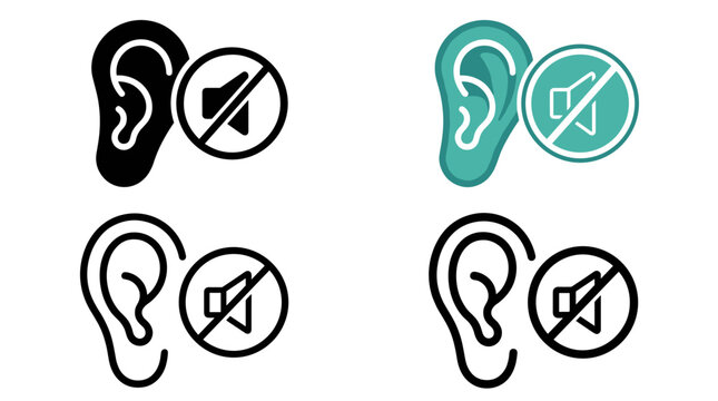 Vectorized icons depicting ear symbols with sound prohibition and sound indication illustrating audio accessibility concepts in a simplified design