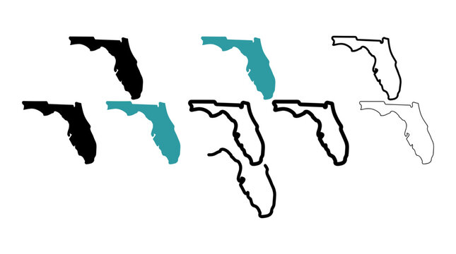 Minimalist collection of five unique florida state silhouettes in various color combinations for creative graphic design projects