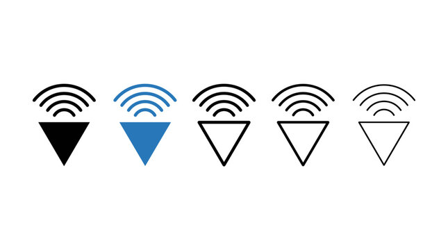 Collection of five thin line icons representing sound waves and triangular shapes in various colors for graphic design projects
