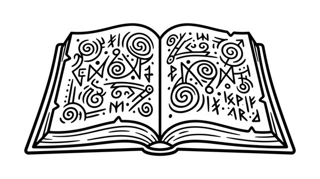 Intricate vector illustration of an open book with decorative symbols and patterns on pages for creative