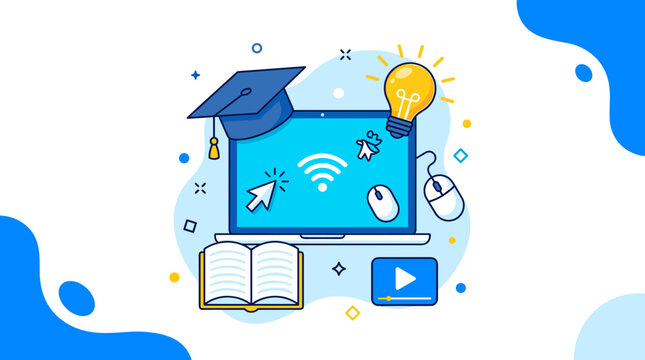 Digital learning illustration featuring a laptop graduation cap light bulb and study elements for online education