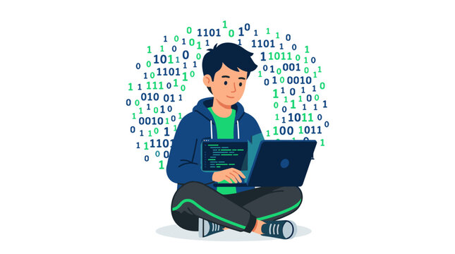 Young person with dark hair coding on laptop surrounded by binary code in a digital environment