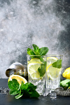 Cold summer lemon and mint cocktail in a tall glass.