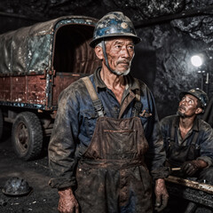 Fototapeta premium Traditional Chinese Painting Mine Hat. An Elderly Miner Stands Near A Caravan, While A Weary Mine Worker Looks At The Light In A Coal-Mine Portrait