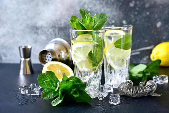 Cold summer lemon and mint cocktail in a tall glass.