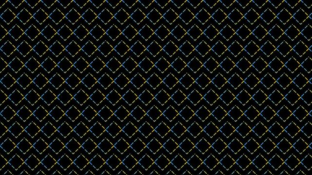 Abstract geometric diamond pattern animation 4k background, with pulsing blue, and yellow lines