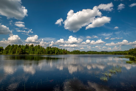 Scenic landscape of a calm lake in Karelia, Russia, with beautiful cumulus clouds reflecting in the mirror water