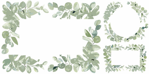 Watercolor eucalyptus leaf arrangements forming a botanical frame on a white background © Satyajit