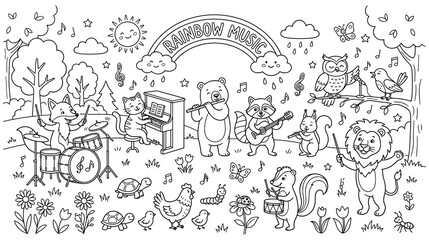 Cute animals playing music in park rainbow background. © GW