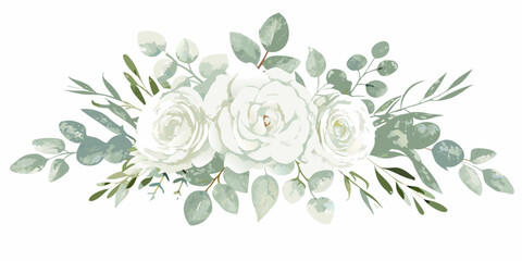 Watercolor white roses and eucalyptus arrangement on a white background © Satyajit