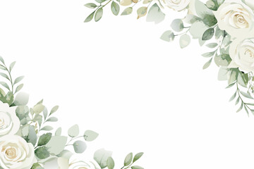 White rose and eucalyptus watercolor corner arrangement with a white background © Satyajit