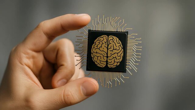Close-up of a hand holding an AI brain microchip with gold circuitry, symbolizing artificial intelligence, neural computing, and advanced technology