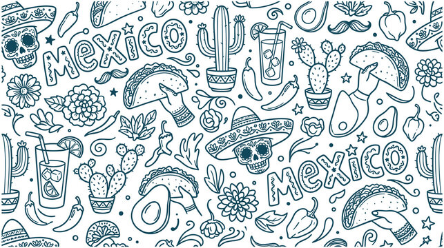 Seamless pattern of Mexican cultural elements.