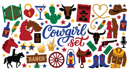 Naklejka premium Cowgirl western theme elements set with ranch icons design.